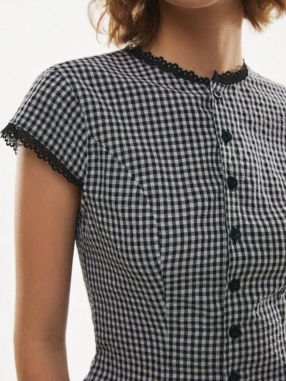 Black and White Casual Women's Gingham Lace Trim Peplum Button-Down Shirt - Picture 4 of 7